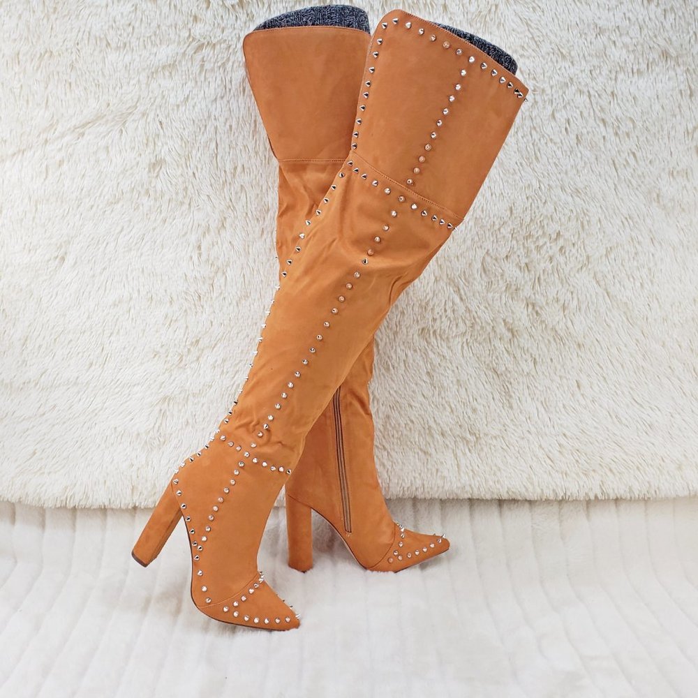 Steph Camel Tan Suede Studded Chunky Heel Thigh High Boots
